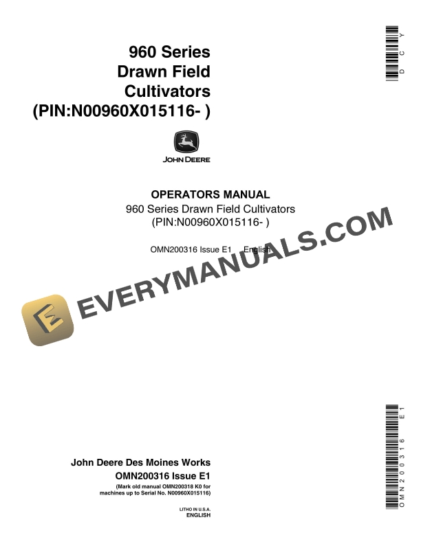 John Deere 960 Series Drawn Field CULTIVATOR Operator Manual OMN200316-1