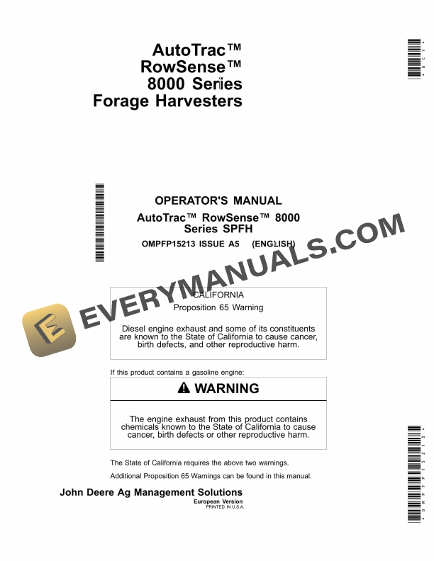 John Deere AutoTrac RowSense 8000 Series Forage Harvester Operator Manual OMPFP15213-1