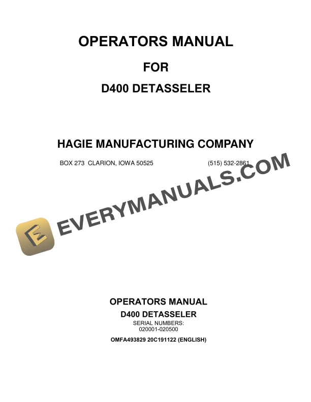 John Deere D400 DETASSELER Operator Manual OMFA493829-1