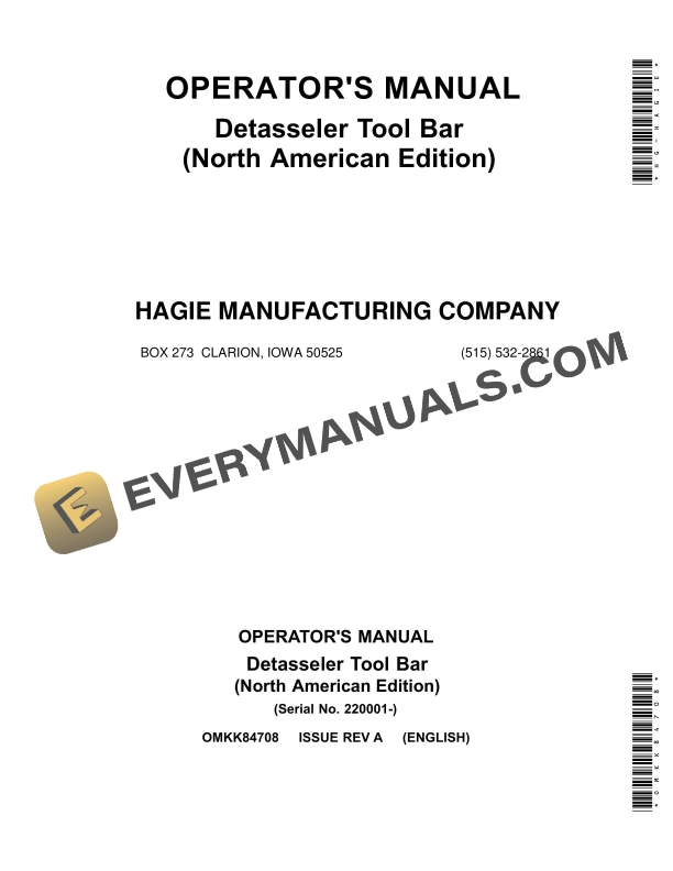 John Deere Detasseler Tool Bar Operator Manual OMKK84708-1