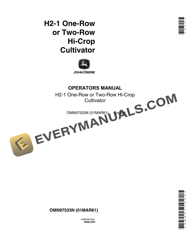 John Deere H2-1 One-Row or Two-Row Hi-Crop CULTIVATOR Operator Manual OMN97533N-1