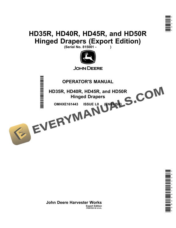 John Deere HD35R, HD40R, HD45R, and HD50R Hinged Drapers Operator Manual OMHXE161443-1