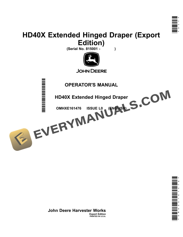John Deere HD40X Extended Hinged Draper Operator Manual OMHXE161476-1