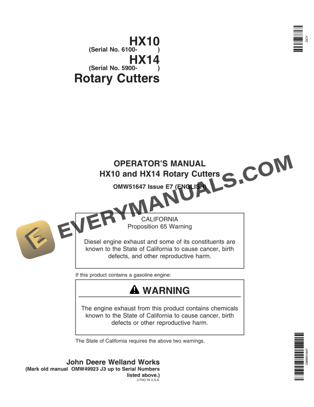 John Deere HX10 and HX14 Rotary Cutter Operator Manual OMW51647 1 John Deere HX10 and HX14 Rotary Cutter Operator Manual OMW51647-1