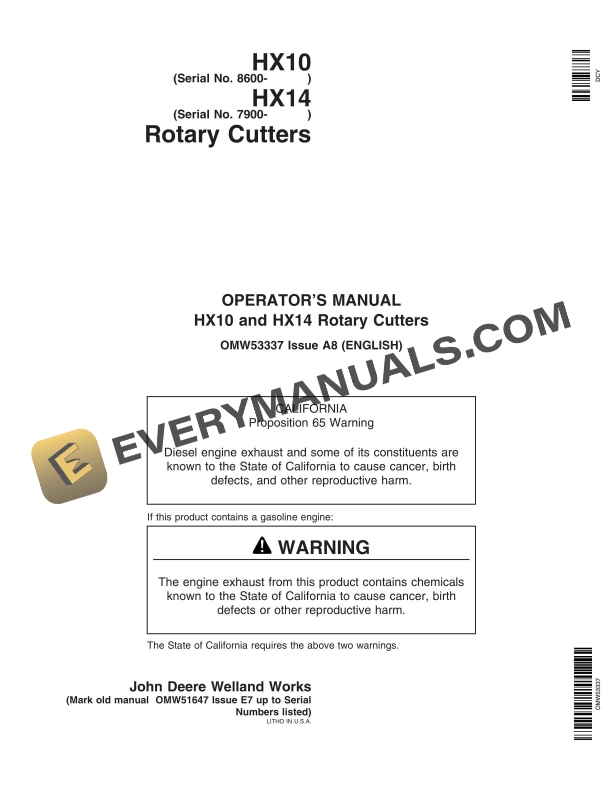John Deere HX10 and HX14 Rotary Cutter Operator Manual OMW53337 2 John Deere HX10 and HX14 Rotary Cutter Operator Manual OMW53337-1
