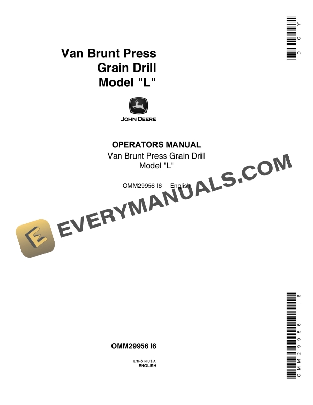 John Deere Model L Van Brunt Press Grain Drill Operator Manual OMM29956-1