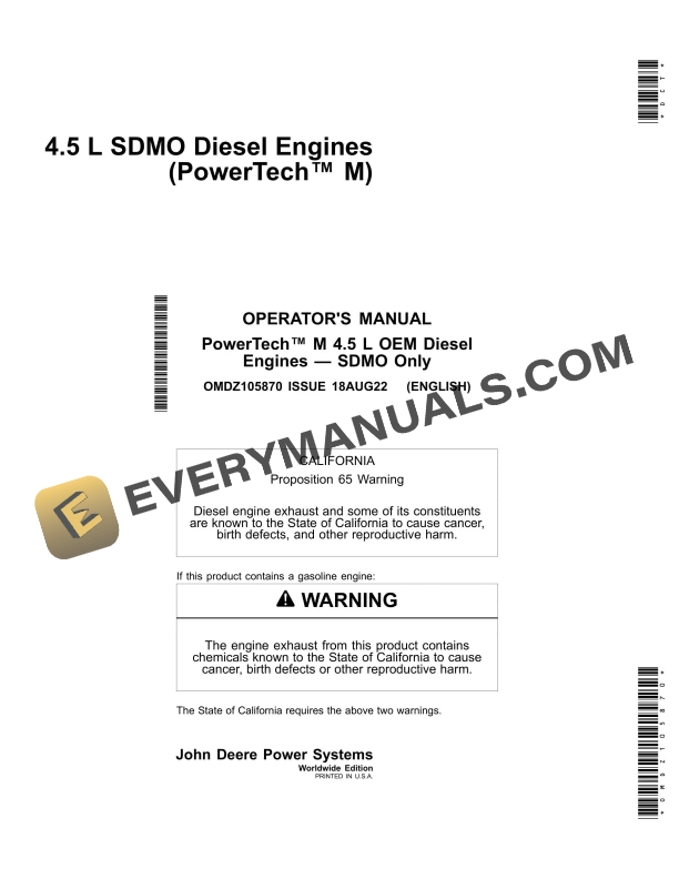 John Deere PowerTech 4.5 L SDMO Diesel Engines Operator Manual OMDZ105870-1
