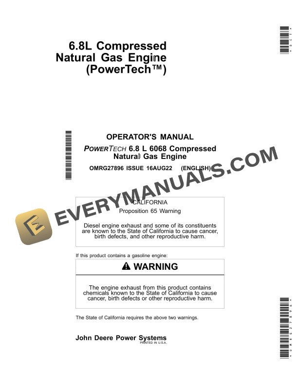 John Deere PowerTech 6.8 L 6068 Compressed Natural Gas Engine Operator Manual OMRG27896-1