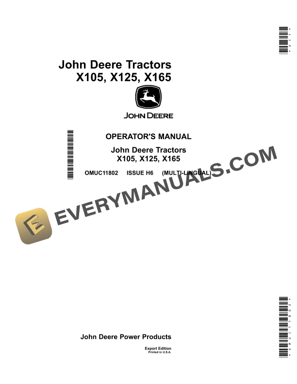 John Deere X105, X125, X165 Tractors Operator Manuals OMUC11802-1