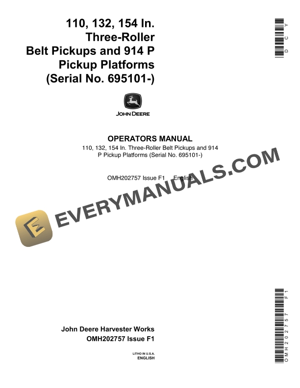 John Deere 110, 132, 154 In. Three-Roller Belt Pickup and 914 P Pickup Platforms Operator Manual OMH202757-1