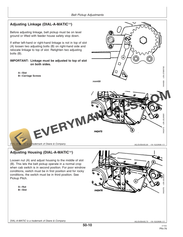 John Deere 132, 154 In. Three-Roller Belt Pickup and 914 P Pickup Platforms Operator Manual OMH205904-3
