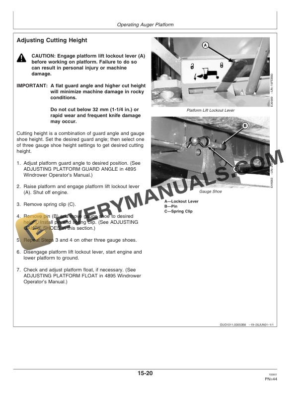 John Deere 14 Foot Narrow, 14 Foot Wide, 16 Foot 895 Specialty Crop Auger Platform Operator Manual OME125377-2