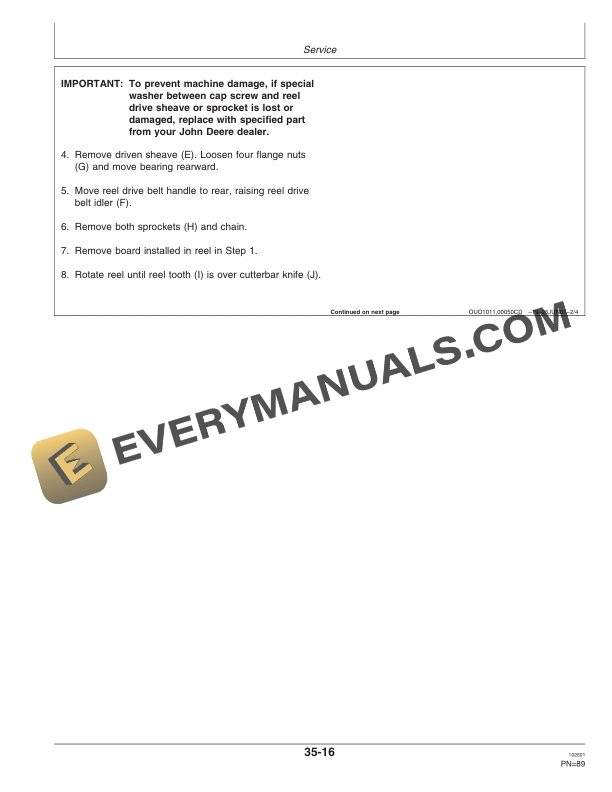 John Deere 14 Foot Narrow, 14 Foot Wide, 16 Foot 895 Specialty Crop Auger Platform Operator Manual OME125377-3