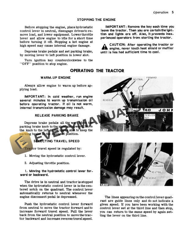 John Deere 140 Hydrostatic Tractor Operator Manual OMM45534-2