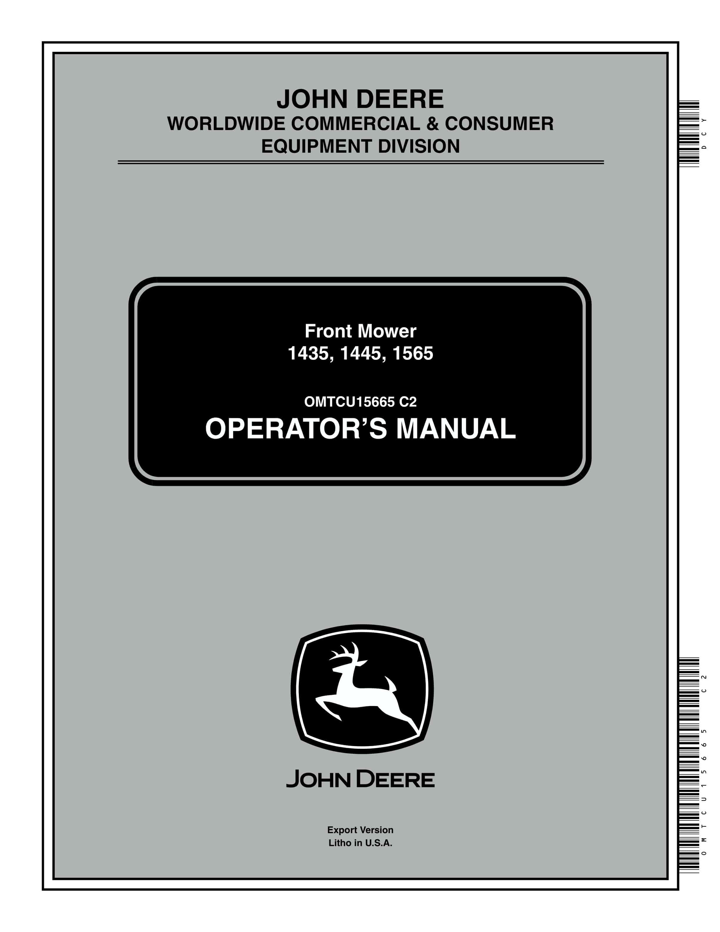 John Deere 1435, 1445, 1565 Front Mower Operator Manual OMTCU15665-1