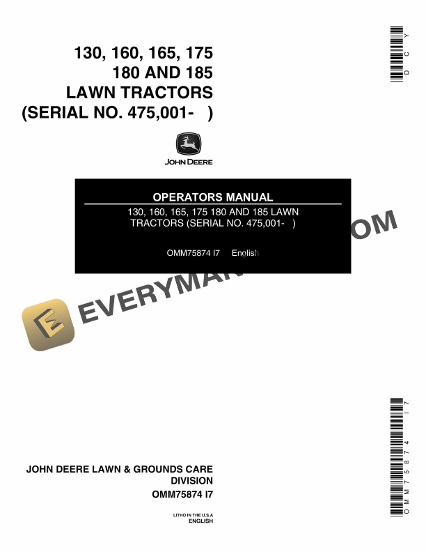 John Deere 160, 165, 175 180 AND 185 LAWN TRACTORS Operator Manual OMM75874-1
