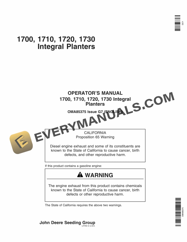 John Deere 1700, 1710, 1720, 1730 Integral Planter Operator Manual OMA85375-1