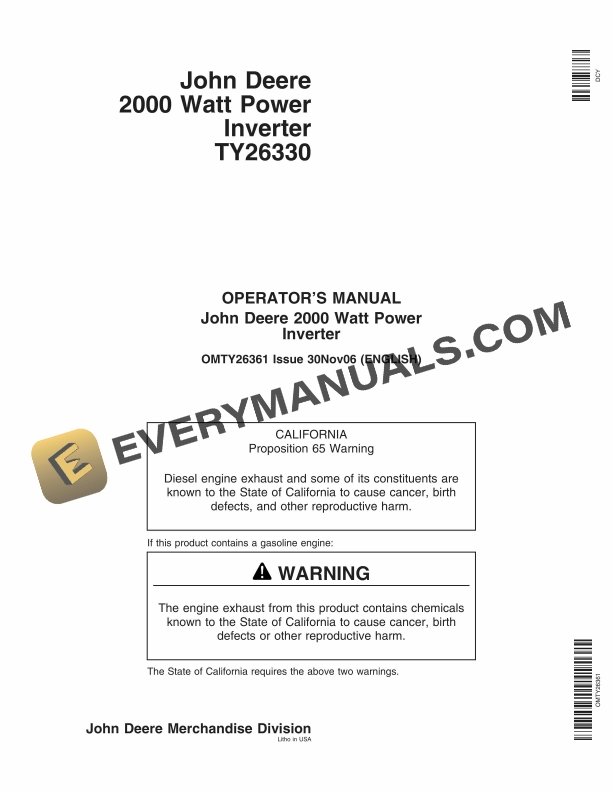 John Deere 2000 Watt Power Inverter TY26330 Operator Manual OMTY26361-1