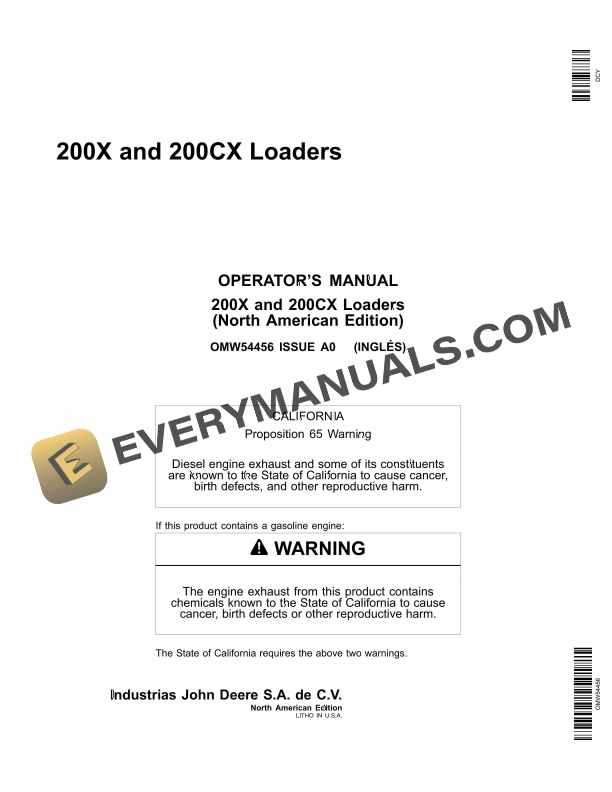 John Deere 200X and 200CX Loader Operator Manual OMW54456-1