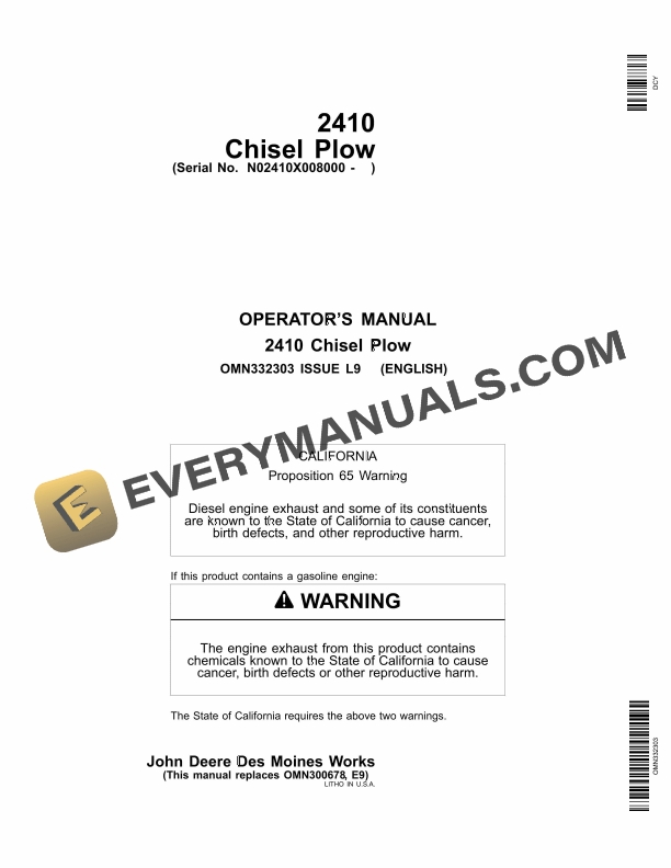 John Deere 2410 Chisel Plow Operator Manual OMN332303 1 John Deere 2410 Chisel Plow Operator Manual OMN332303-1