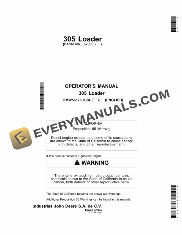 John Deere 305 Loader Operator Manual OMW56178 1 John Deere 305 Loader Operator Manual OMW56178-1