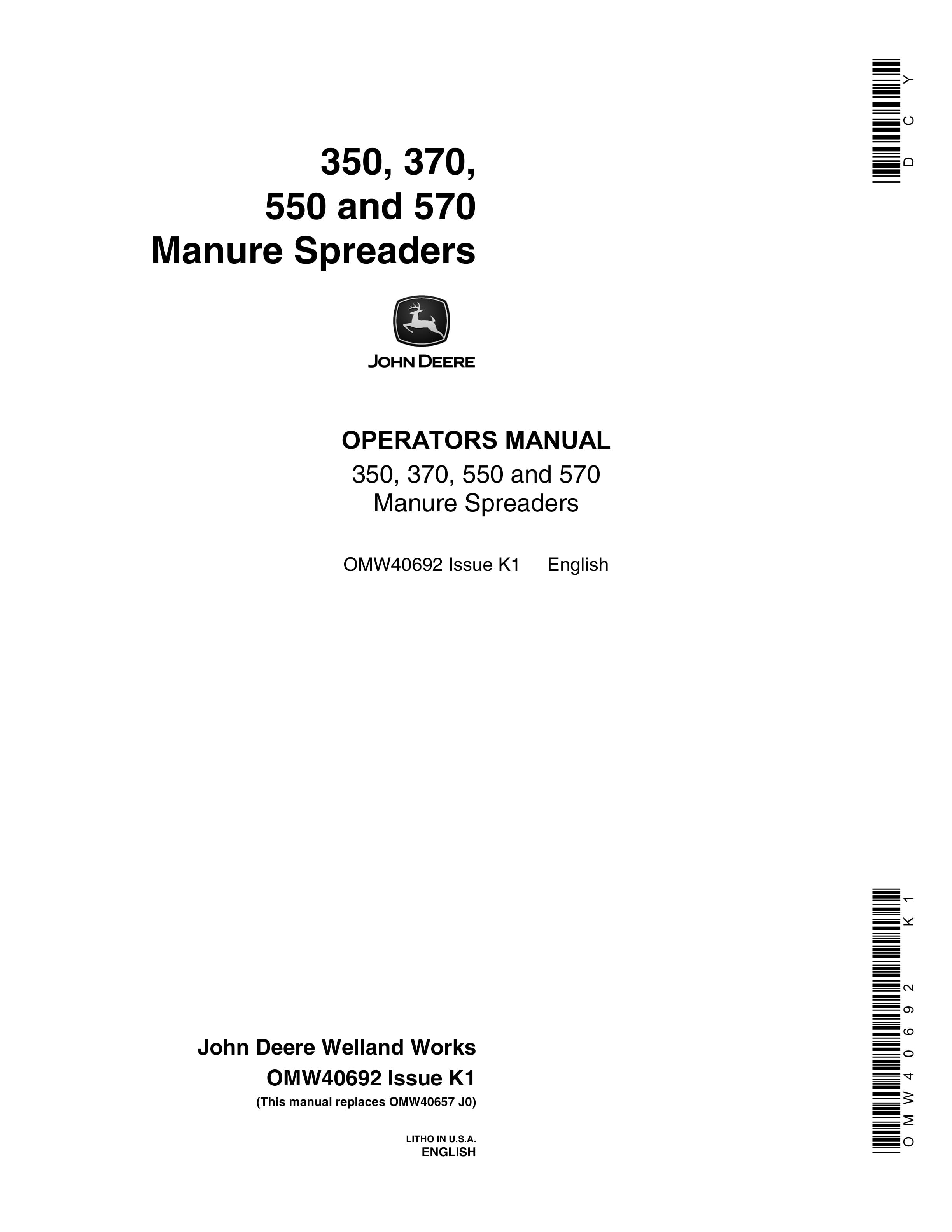 John Deere 350, 370, 550 and 570 Manure Spreader Operator Manual OMW40692-1