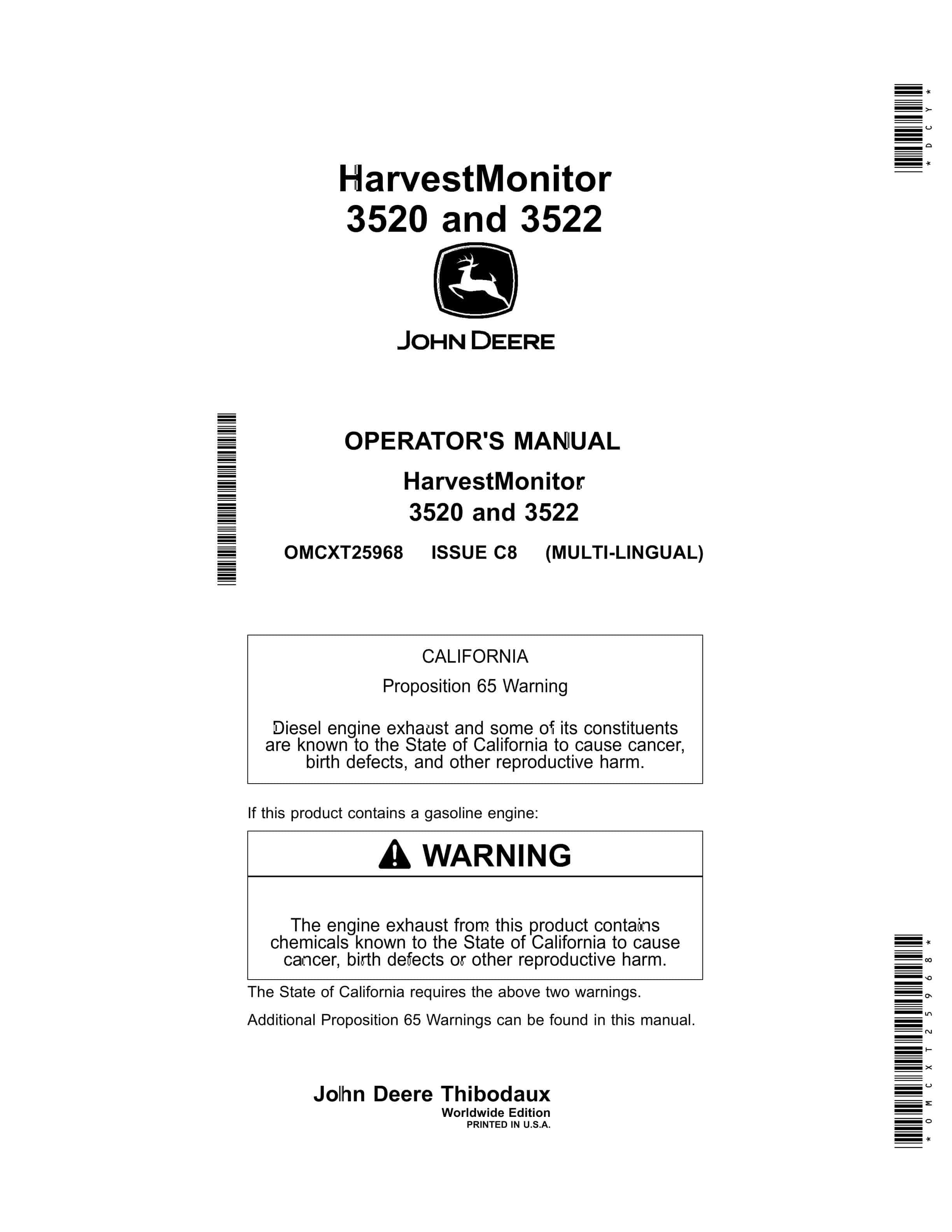 John Deere 3520 and 3522 Harvest Monitor Operator Manual OMCXT25968-1