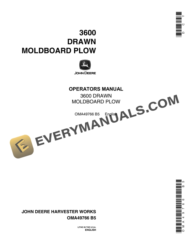John Deere 3600 DRAWN MOLDBOARD PLOW Operator Manual OMA49766-1