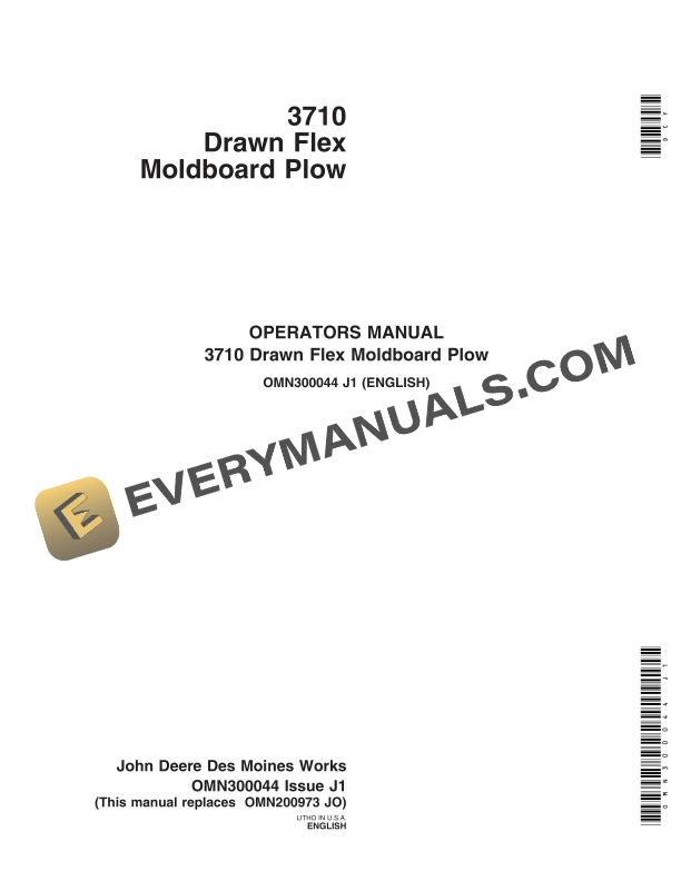 John Deere 3710 Drawn Flex Moldboard Plow Operator Manual OMN300044-1