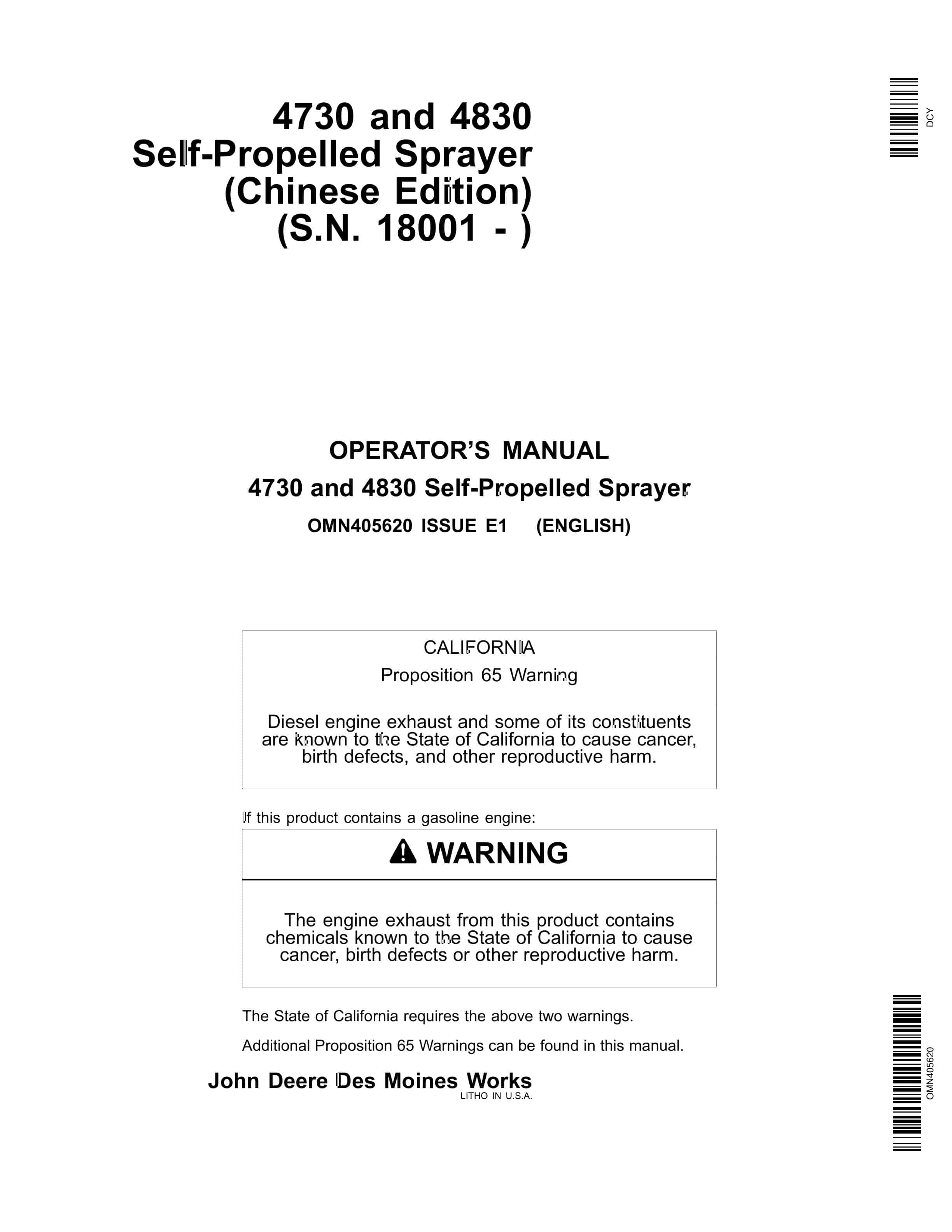 John Deere 4730 and 4830 Self­Propelled Sprayer Operator Manual OMN405620-1
