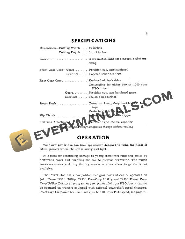 John Deere 49 Power Hoe Operator Manual OMW451159 2