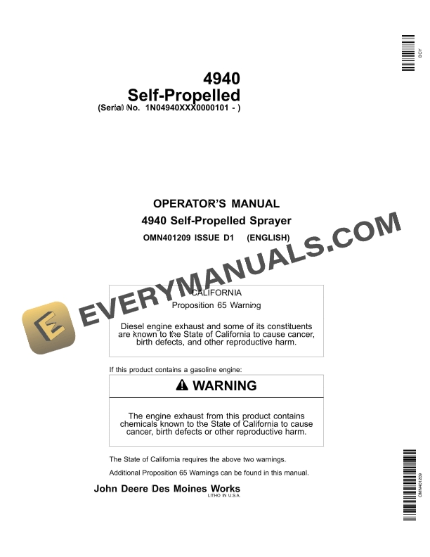 John Deere 4940 Self­Propelled Sprayer Operator Manual OMN401209-1