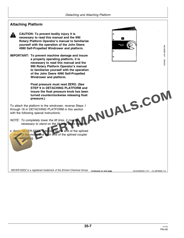 John Deere 4990 Self Propelled Windrower Operator Manual OME98122 2