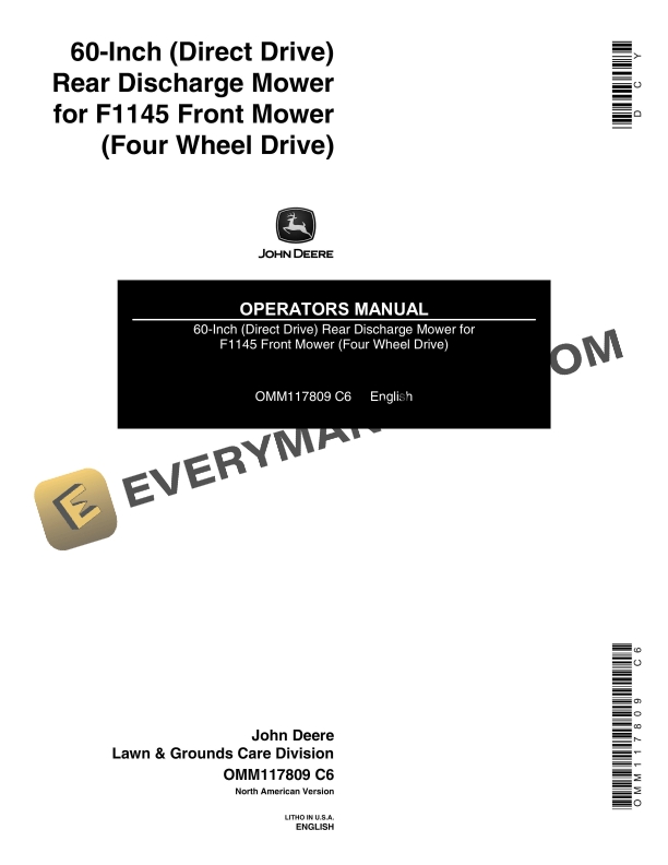John Deere 60-Inch (Direct Drive) Rear Discharge Mower for F1145 Front Mower (Four Wheel Drive) Operator Manual OMM117809-1