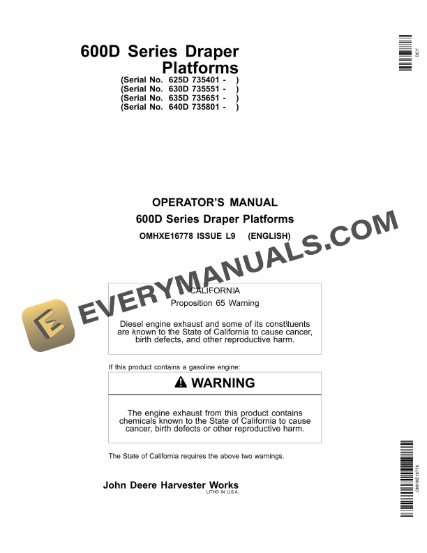 John Deere 600D Series Draper Platform Operator Manual OMHXE16778-1