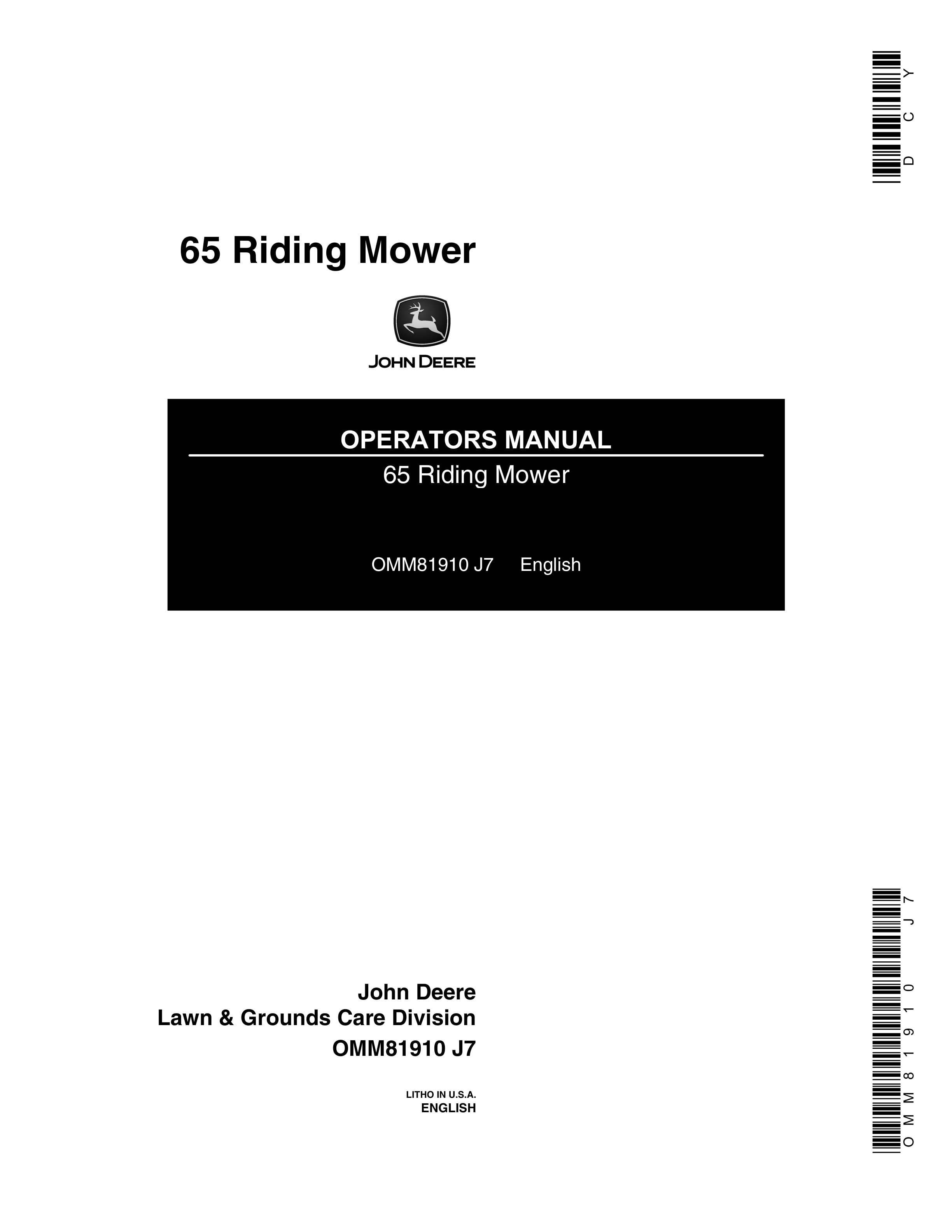 John Deere 65 Riding Mower Operator Manual OMM81910-1