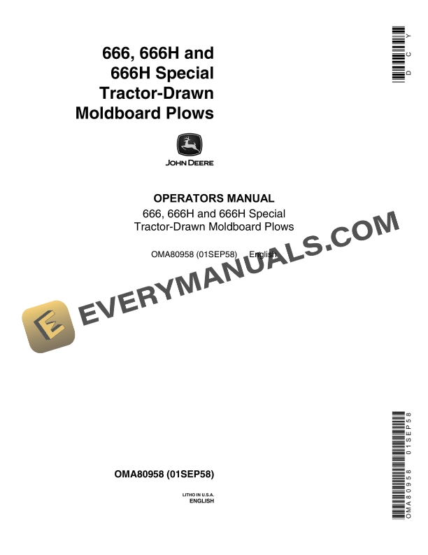 John Deere 666, 666H and 666H Special Tractor-Drawn Moldboard Plow Operator Manual OMA80958-1