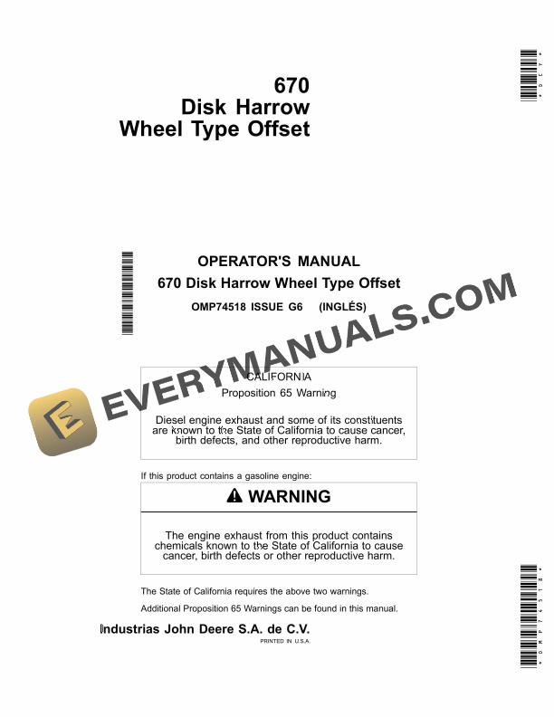 John Deere 670 Wheel Type Offset Disk Harrow Operator Manual OMP74518-1