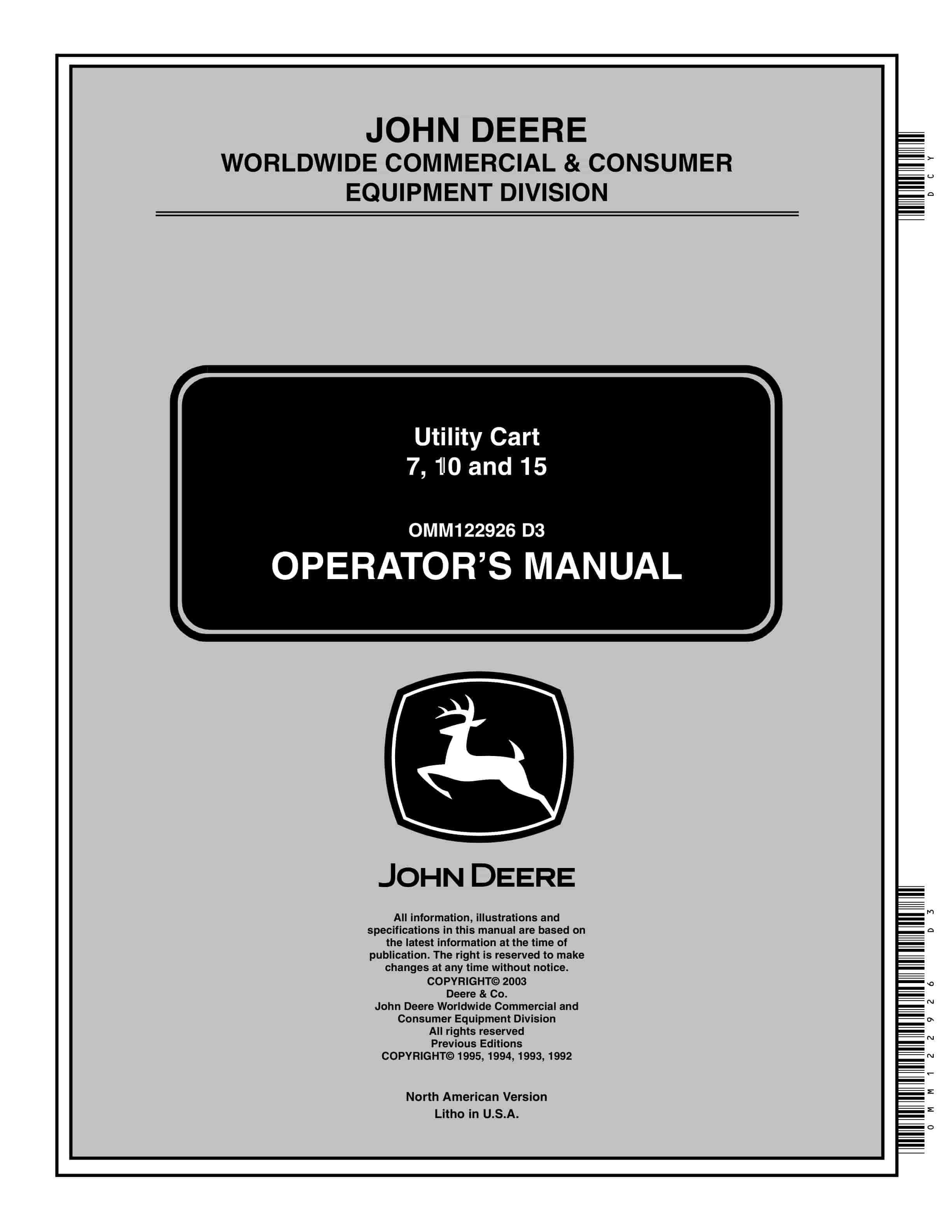 John Deere 7, 10, and 15 Utility Carts Operator Manual OMM122926