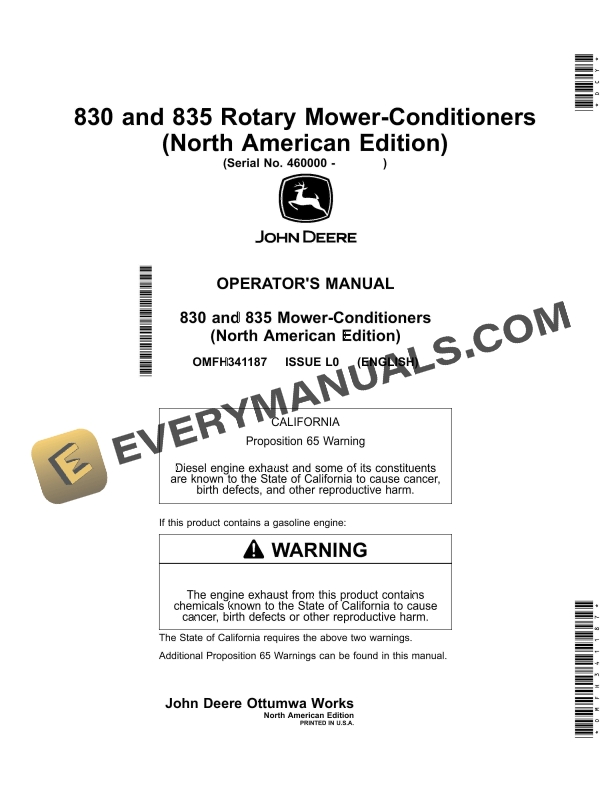 John Deere 830 and 835 Mower-Conditioner Operator Manual OMFH341187-1