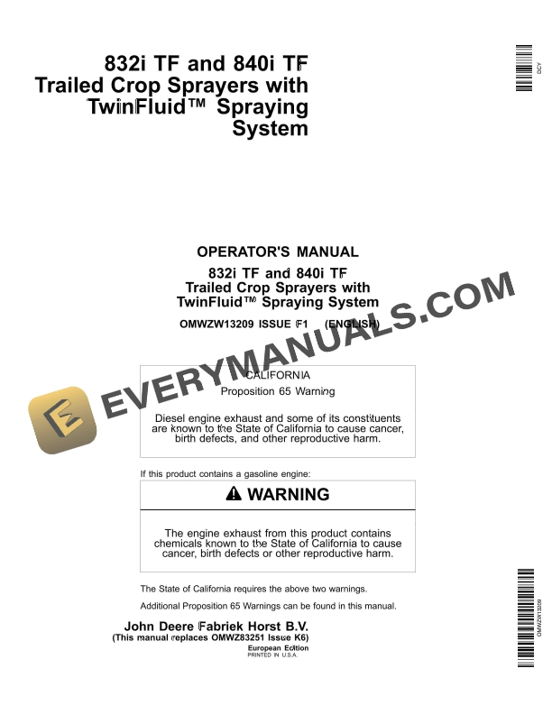 John Deere 832i TF and 840i TF Trailed Crop Sprayers with TwinFluid Spraying System Operator Manual OMWZW13209-1