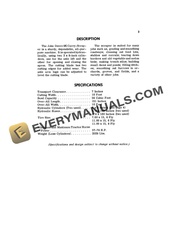 John Deere 9K Carry Scraper Operator Manual OMK39576 2