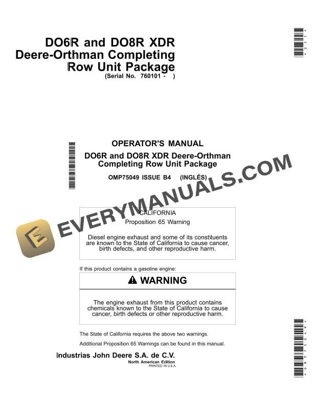 John Deere DO6R and DO8R XDR Deere-Orthman Completing Row Unit Package Operator Manual OMP75049 1 John Deere DO6R and DO8R XDR Deere-Orthman Completing Row Unit Package Operator Manual OMP75049-1