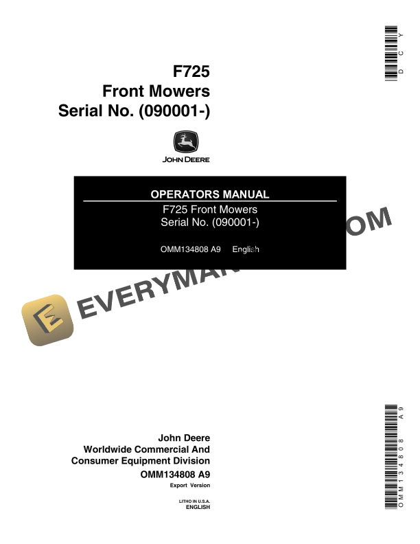 John Deere F725 Front Mowers Serial No. (090001-) Operator Manual OMM134808-1