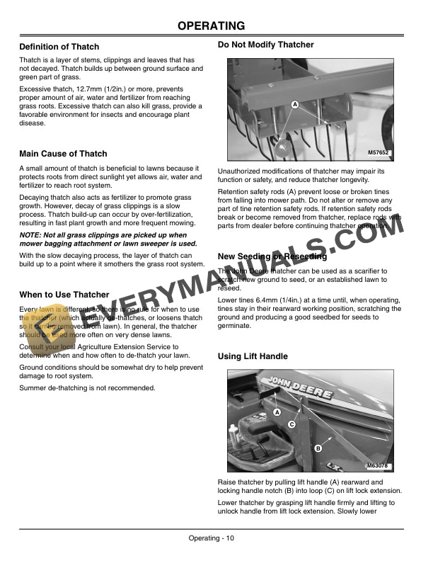 John Deere Front Mounted Thatcher LX Lawn Tractors and GT Lawn and Garden Tractors Operator Manual OMM136276-2