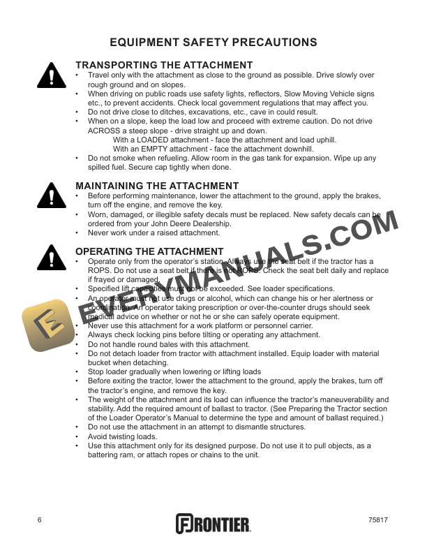 John Deere Frontier MG20F MECHANICAL GRAPPLE OPERATOR AND Parts Manual 5MP75817-2
