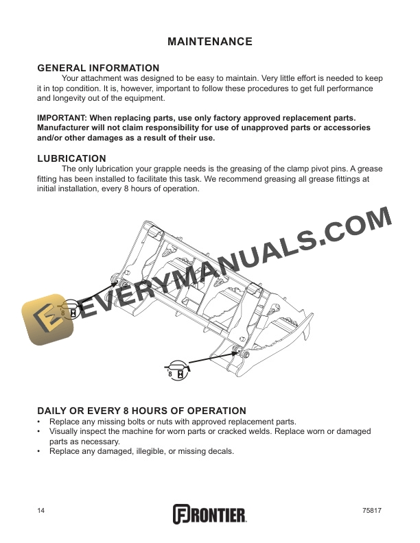 John Deere Frontier MG20F MECHANICAL GRAPPLE OPERATOR AND Parts Manual 5MP75817-3