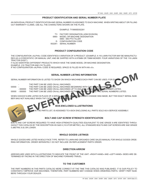 John Deere Frontier RT 3042 RT 3049R RT 3073 RT 3062 RT 3073R RT 3081 RT 3081R RT 3062R RT 3042R RT 3049 ROTARY TILLERS OPERATOR AND Parts Manual 5MHF07011654-3