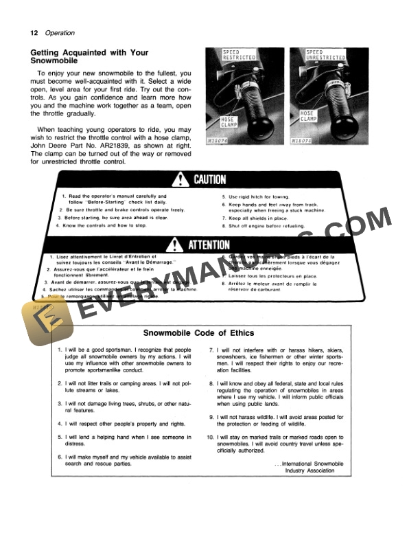 John Deere JDX4 JDX6 AND JDX8 SNOWMOBILE Operator Manual OMM65274 2