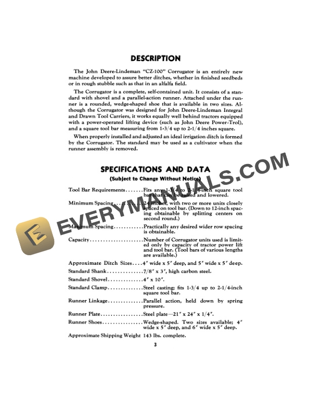 John Deere LINDEMAN CZ 100 CORRUGATOR Operator Manual OMY51052 2